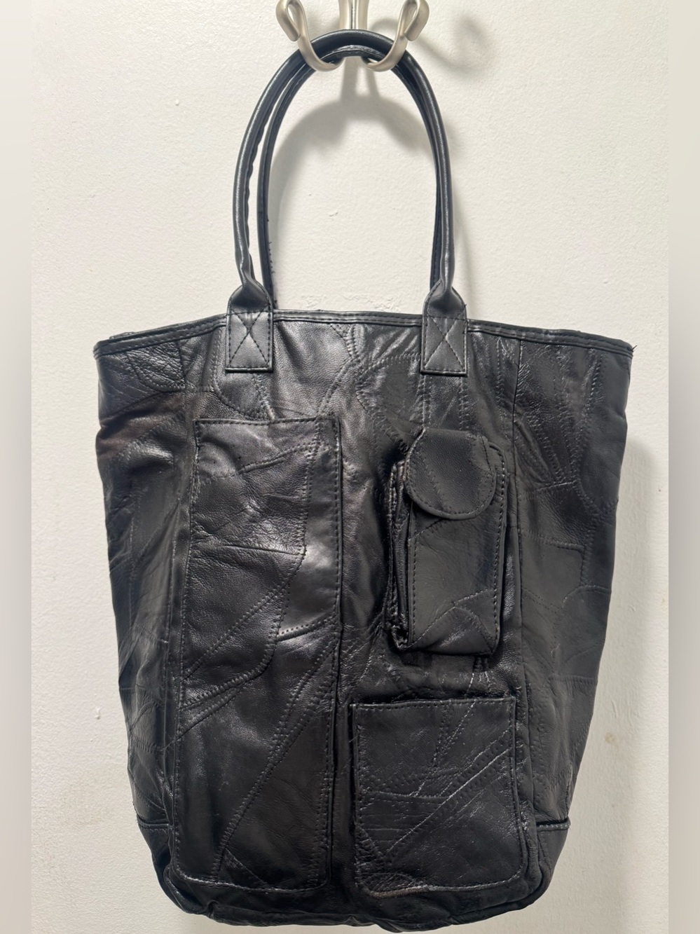 Vintage Black Leather Patchwork Tote Bag - Women's Shoulder Bag